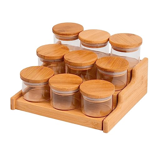 Oikos - Kit 9 Potes de Vidro 110ml com Tampa de Bambu Hermético e Rack Organizador
