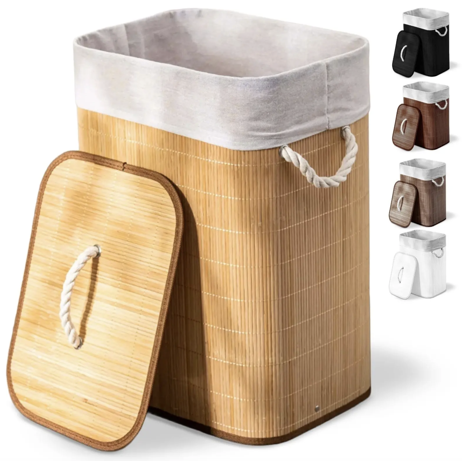 Cesto De Roupa Suja De Bambu Com Tampa E Alcas 50 Litros Organizador Lavanderia Brinquedos Kontuz Home